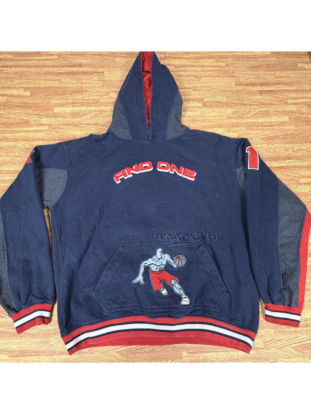 Vintage Y2K AND1 Basketball Hoodie Youth XL Navy Red Streetwear